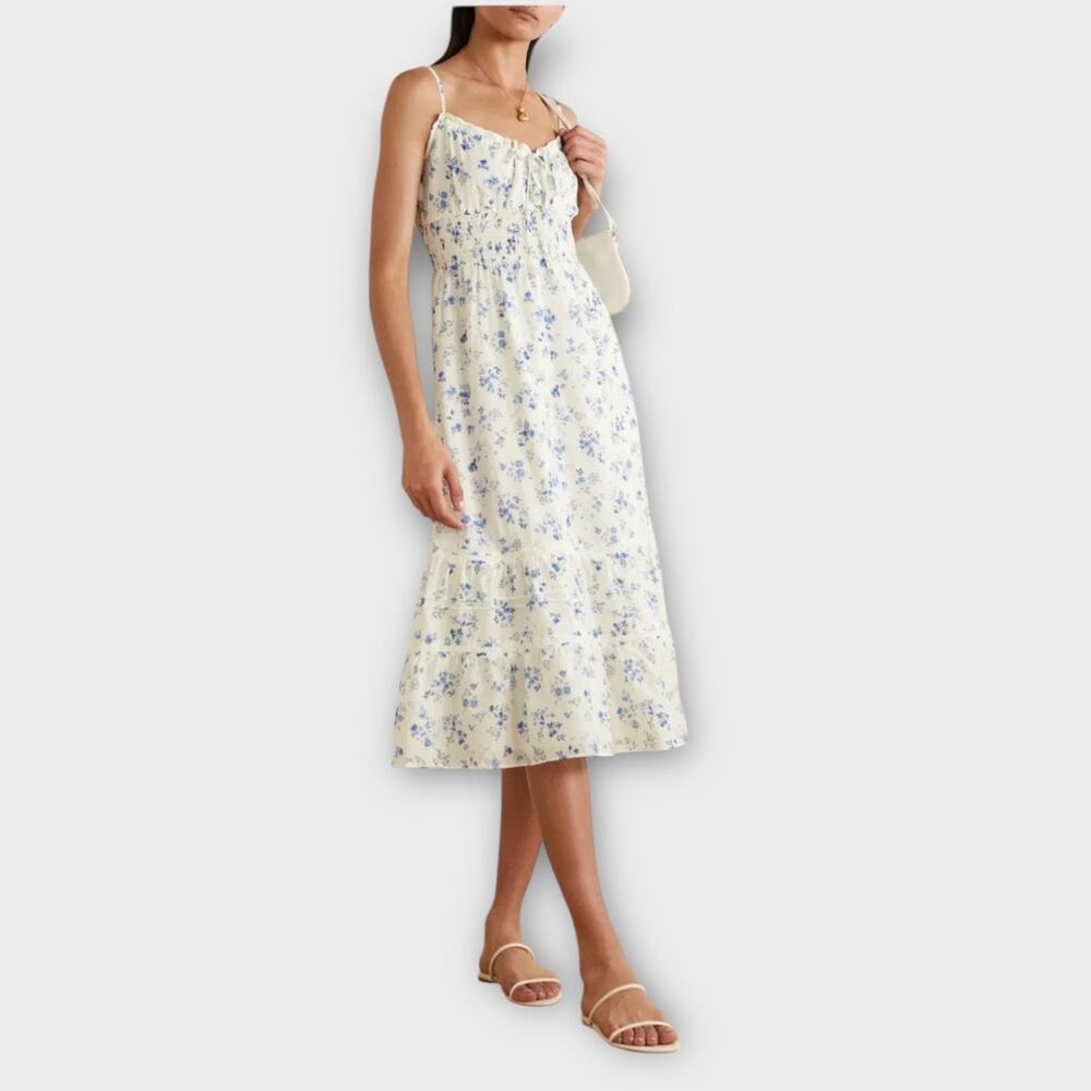Reformation Cream Floral Midi Dress with Blue Print